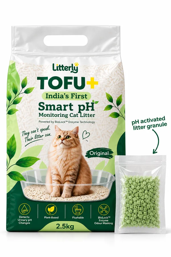 Litterly Tofu+ bag with its pH activated litter granule sachet