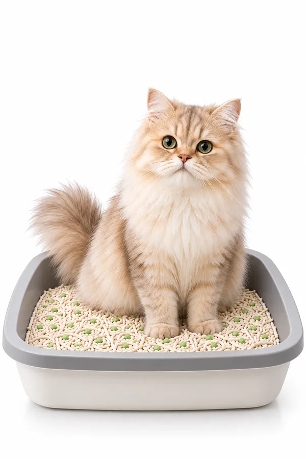 A cat using a tray filled with Litterly tofu litter